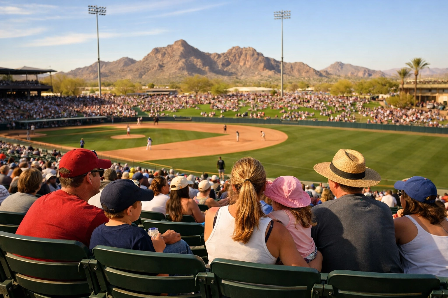 Families enjoying Cactus League Spring Training baseball game at Goodyear Ballpark with desert mountains