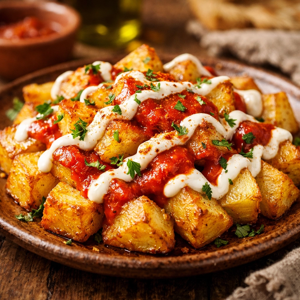 Crispy patatas bravas with spicy tomato sauce and creamy vegan aioli