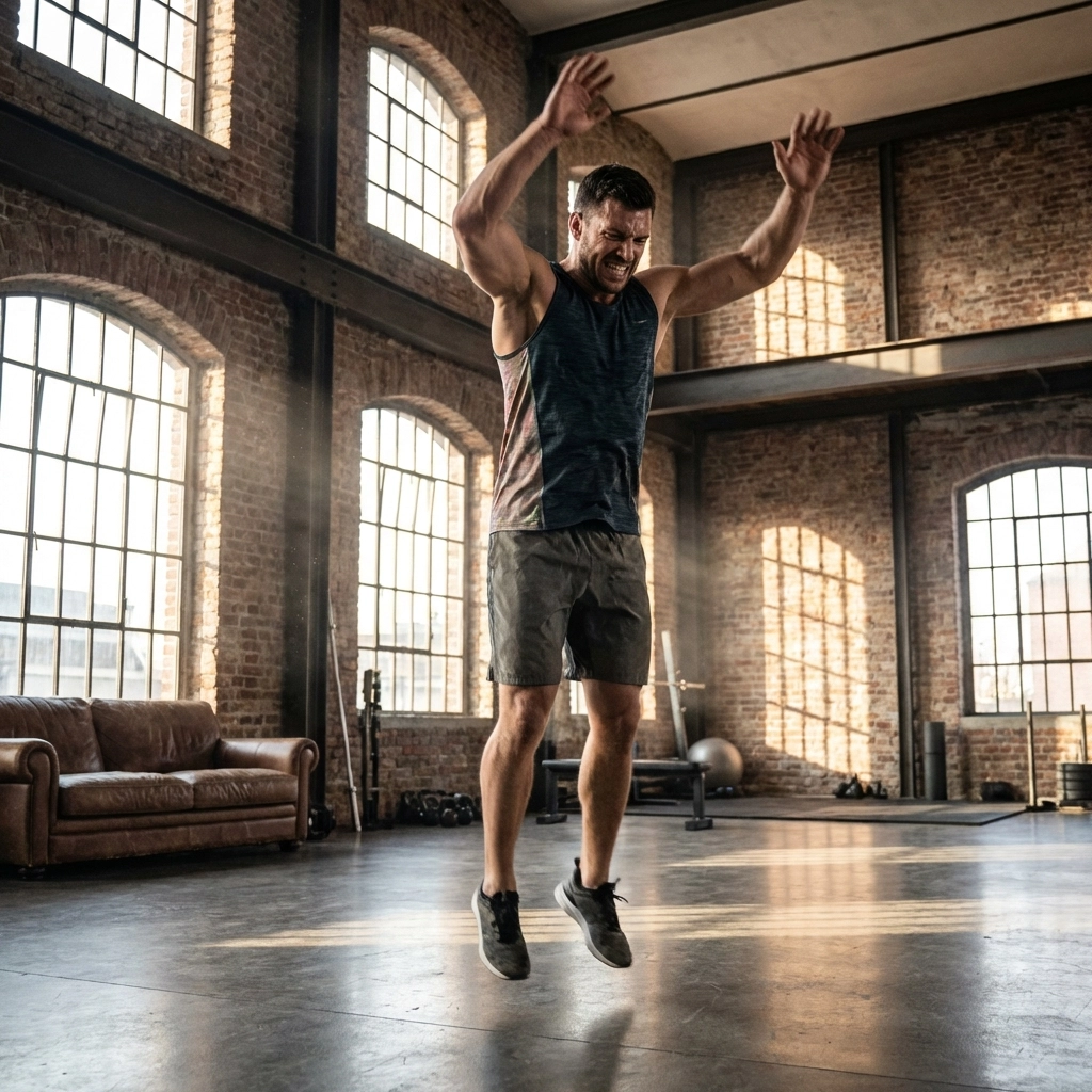 Athlete performing explosive burpee full-body exercise in home gym space