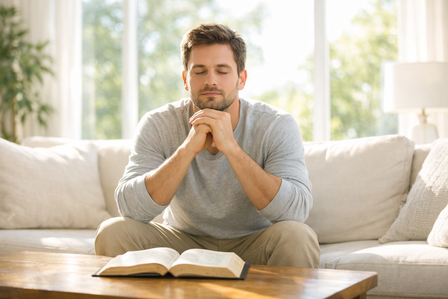 A man practicing restorative Sabbath rest and prayer with a Bible in a sunlit living room.
