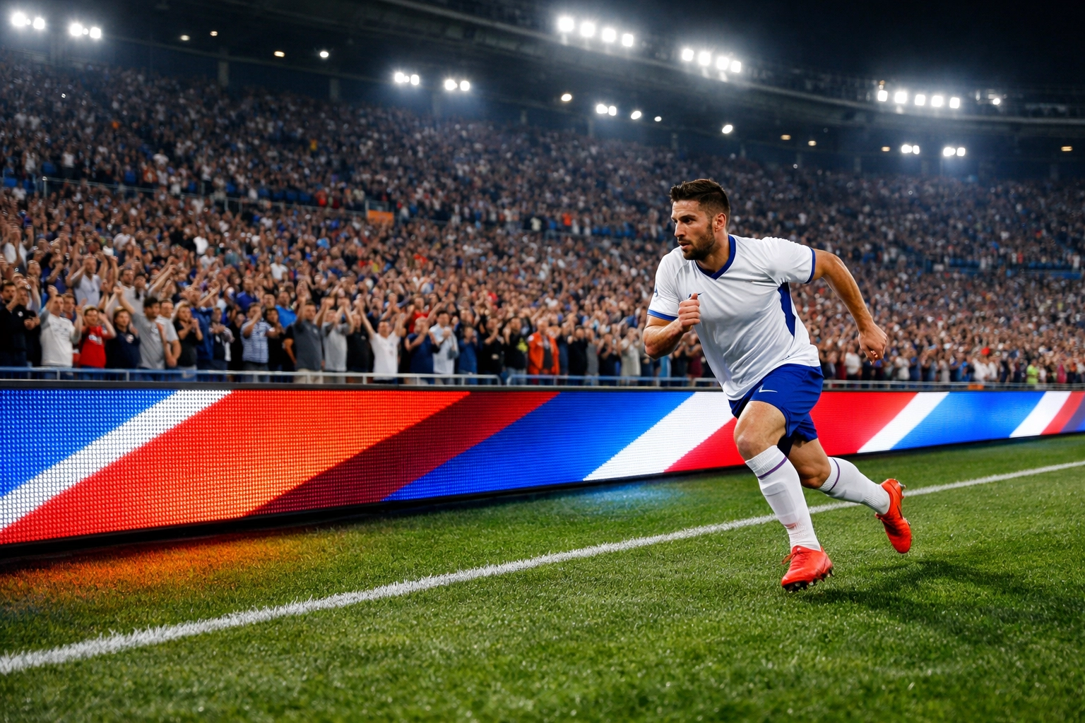 Vibrant LED stadium perimeter ads capturing fan attention during a professional soccer match.