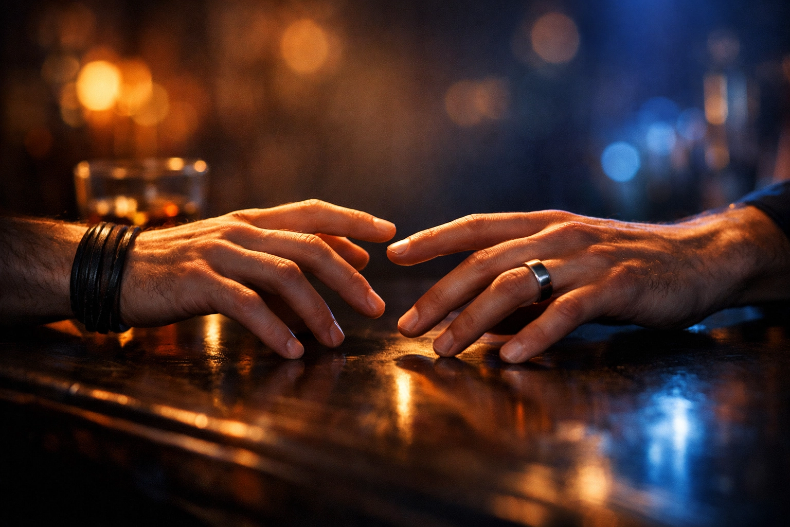 Two men's hands reaching across bar counter capturing tension in gay romance novel scene