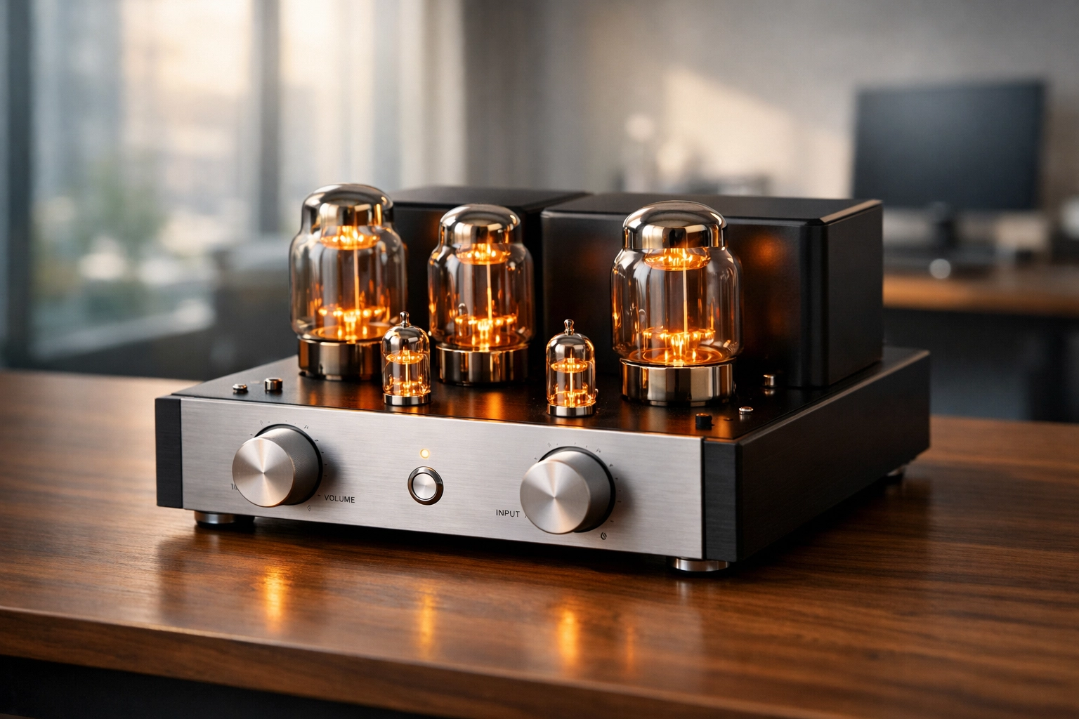 A glowing vacuum tube amplifier on a desk symbolizing how marketing is an amplifier for market research.
