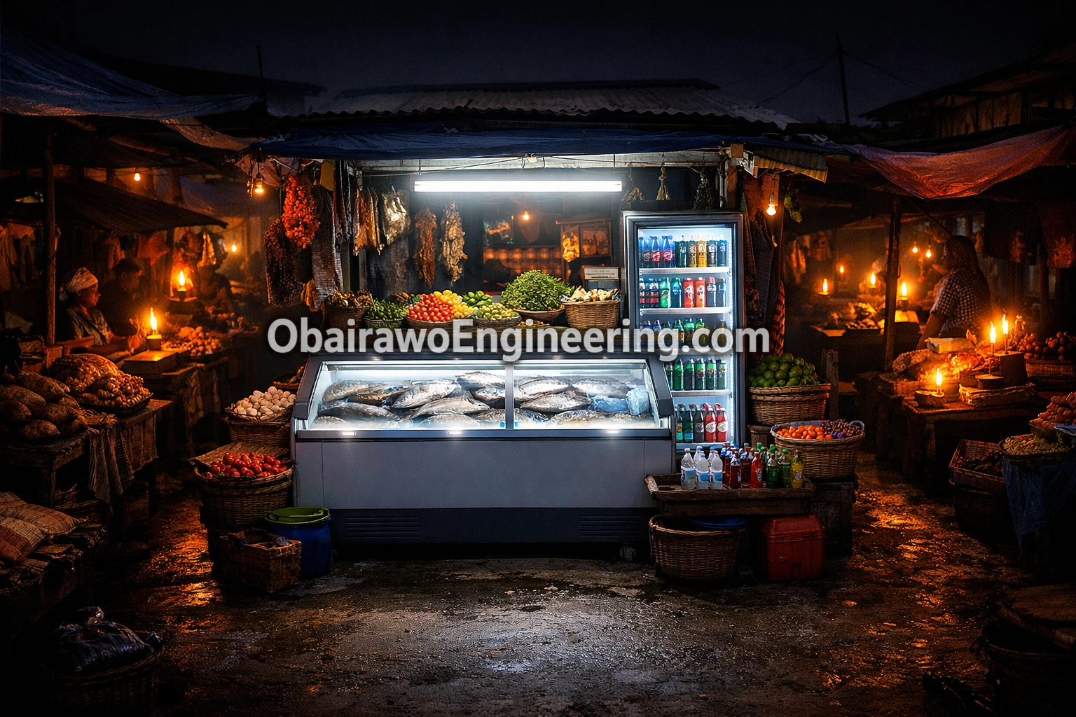 Reliable solar freezer keeping stock frozen in a brightly lit Nigerian market stall during a power outage.