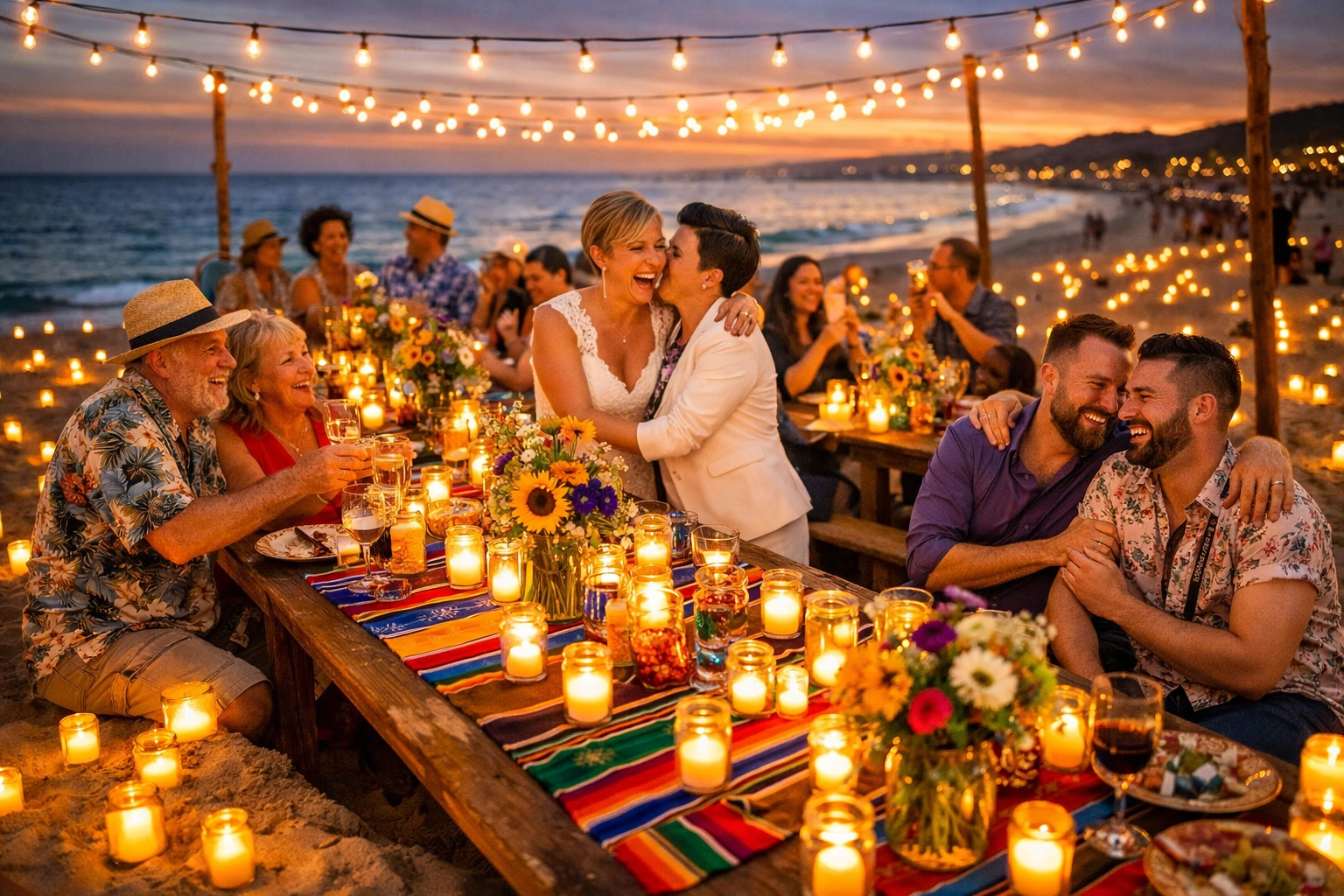 Gay wedding reception on Puerto Vallarta beach with candles and festive table settings