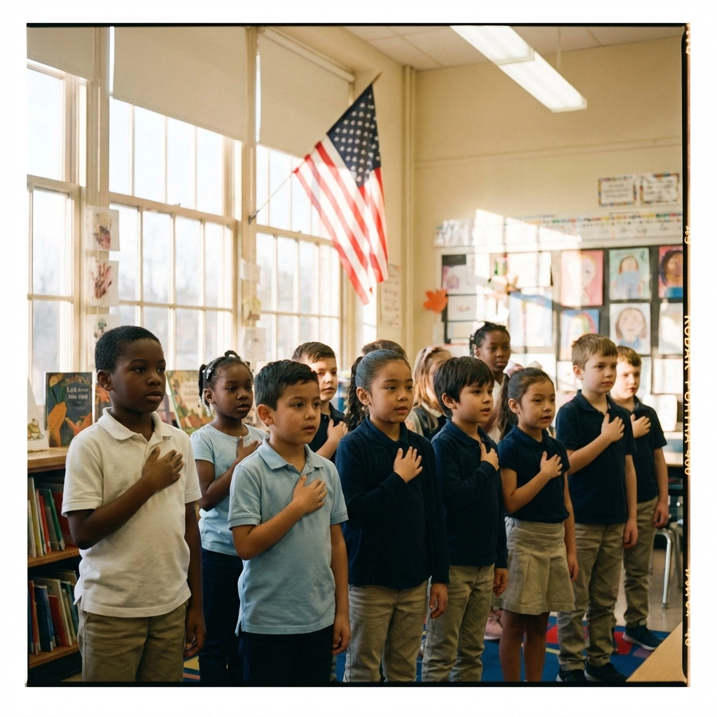 Does the Pledge of Allegiance Still Matter in 2026? Here's the Truth Diverse elementary students pledge allegiance in a bright classroom, symbolizing civic responsibility and unity.