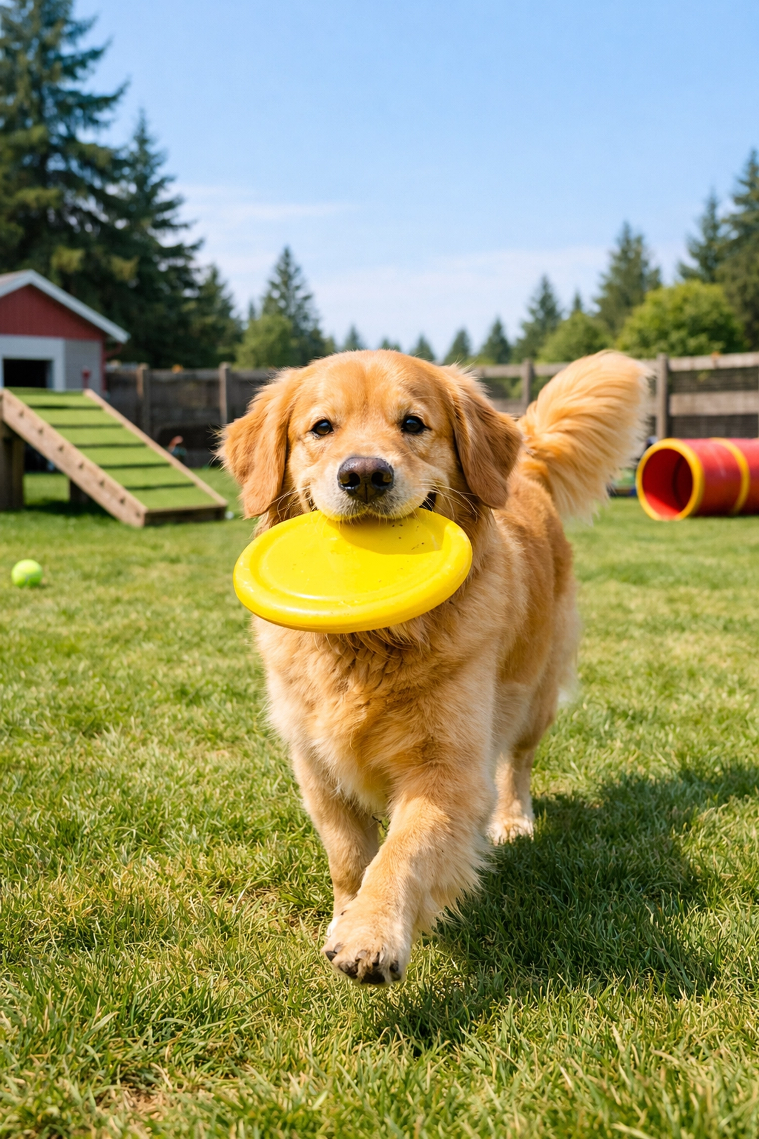 Golden Retriever enjoying interactive frisbee play at Green Acres K-9 Resort dog daycare in Boring, Oregon.