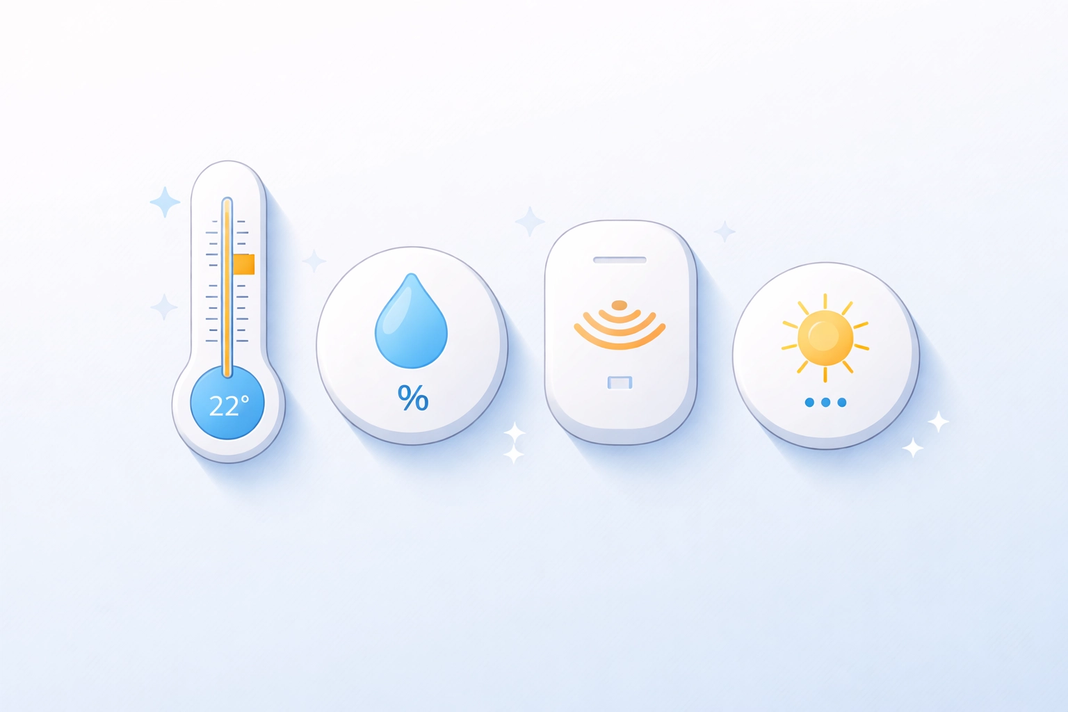 Array of smart home sensors for lofts, highlighting temperature, humidity, motion, and light detection for energy saving upgrades.