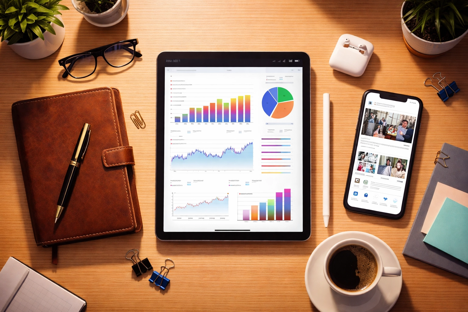 Overhead view of a professional desk with traditional notebooks and digital devices, illustrating PR skill stacking.