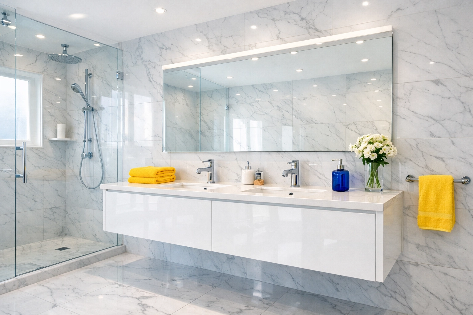 Sparkling marble bathroom in a Worcester apartment after a professional deep cleaning service.