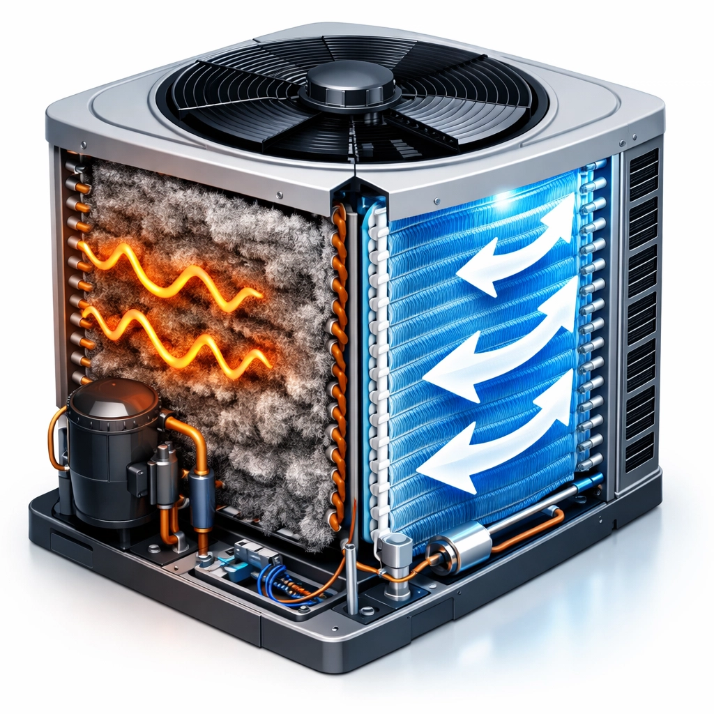 Comparison of a dust-clogged AC unit versus a clean system to show the importance of HVAC maintenance.
