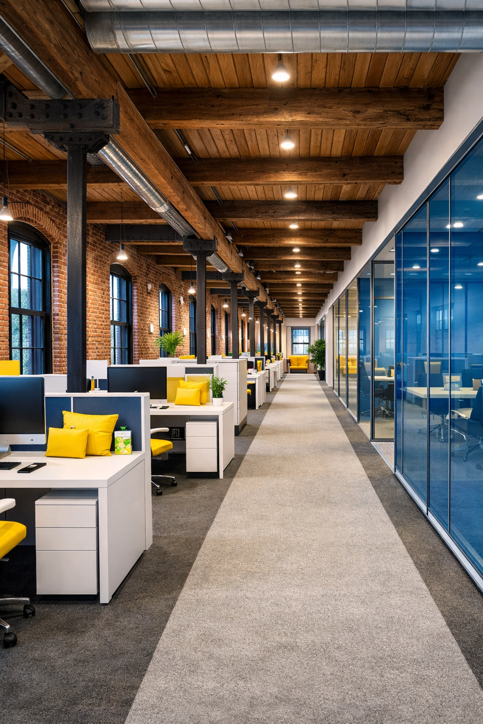 Clean open-concept office suite in a Maynard MA mill building maintained by professional commercial cleaning experts.