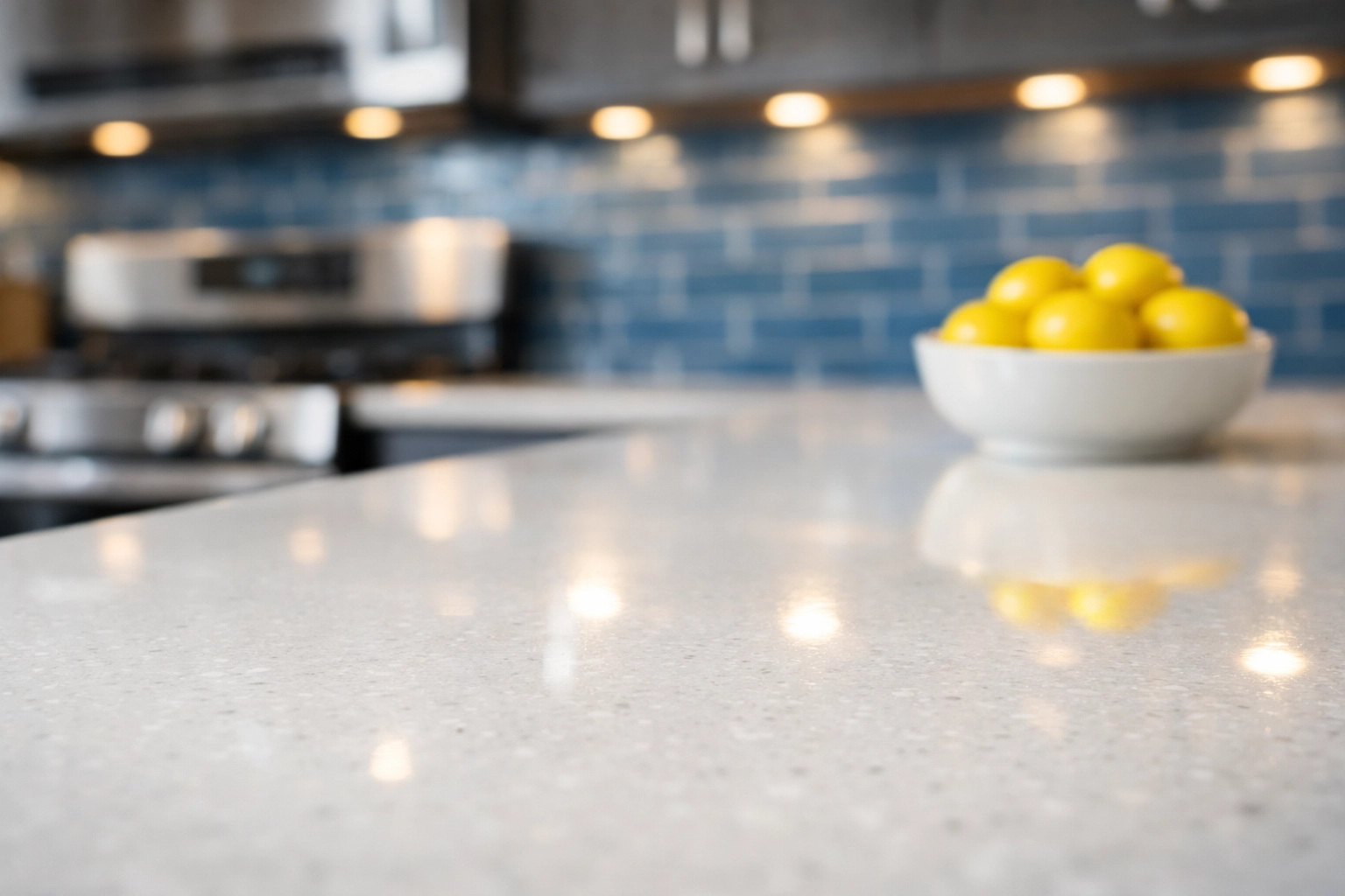 Detailed close-up of a kitchen counter after a professional house cleaning Shirley MA session.