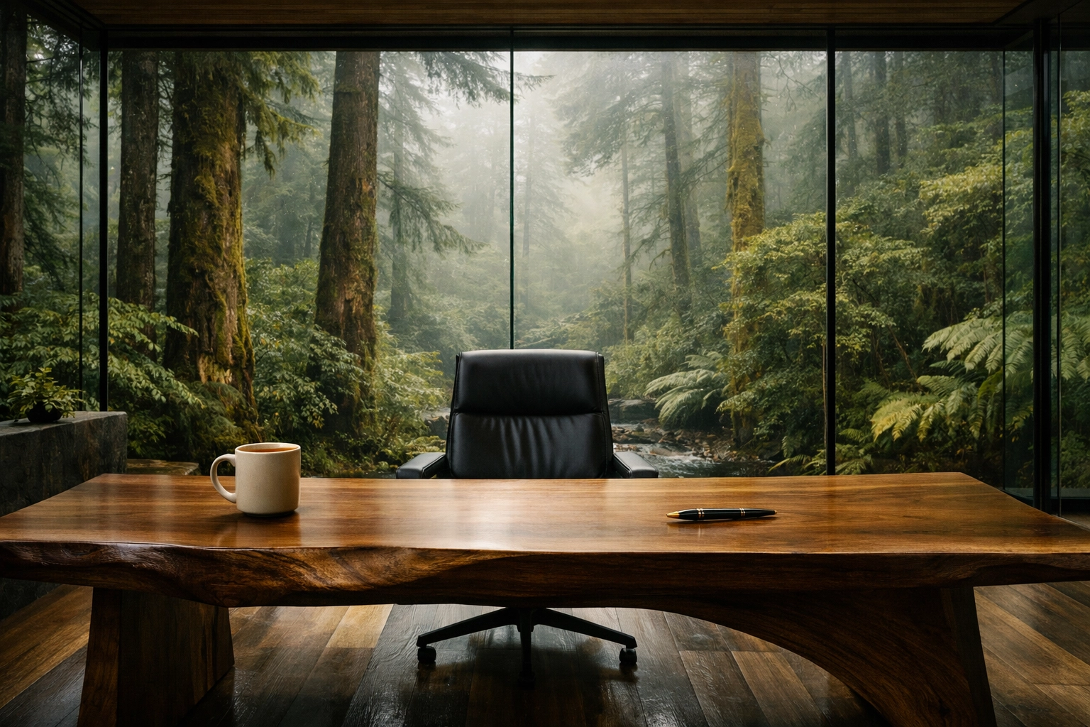 Minimalist forest office with a screenless wooden desk illustrating the Analog Sunday digital detox trend.