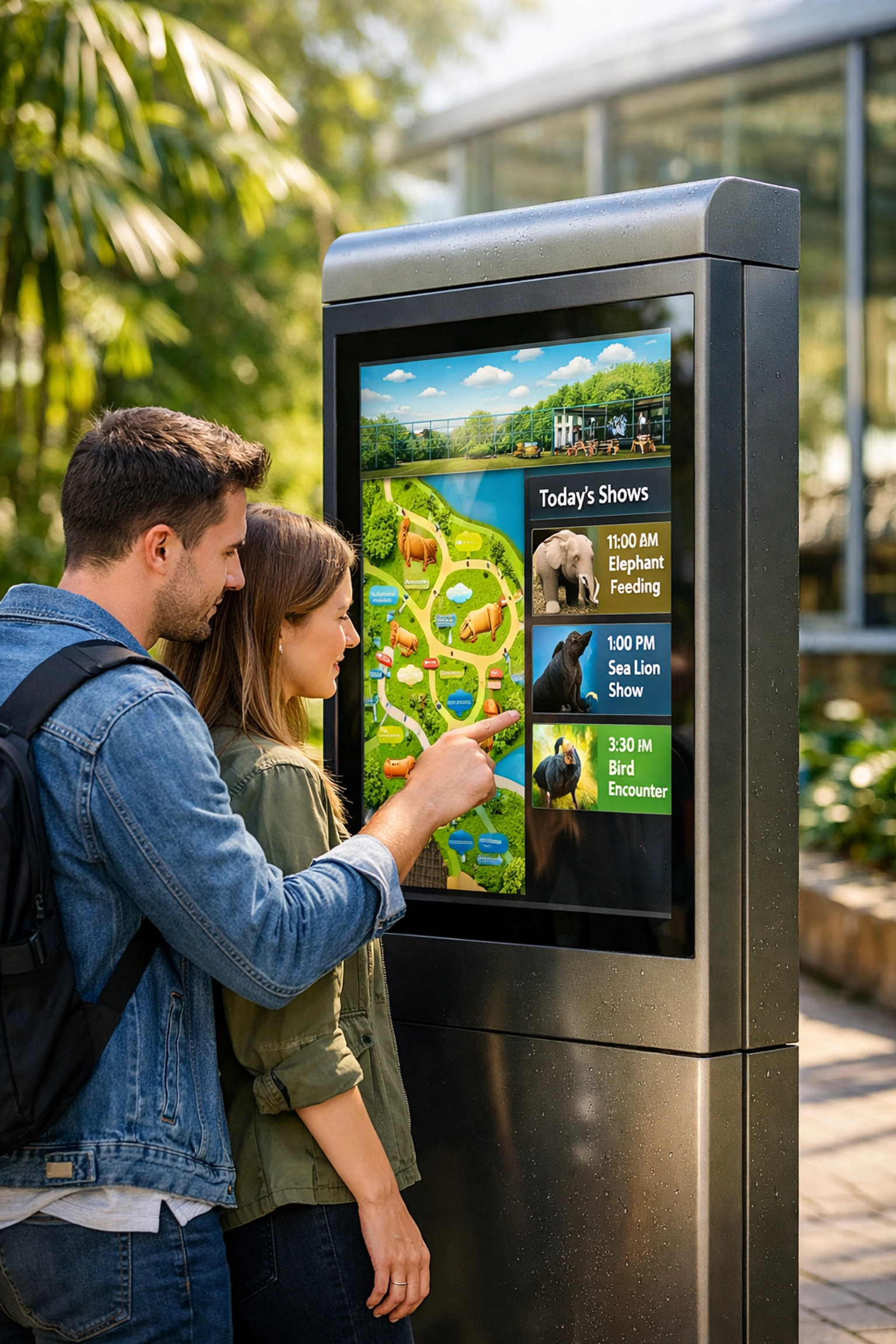 Visitors using an interactive digital kiosk for navigation and animal schedules at a smart zoo.