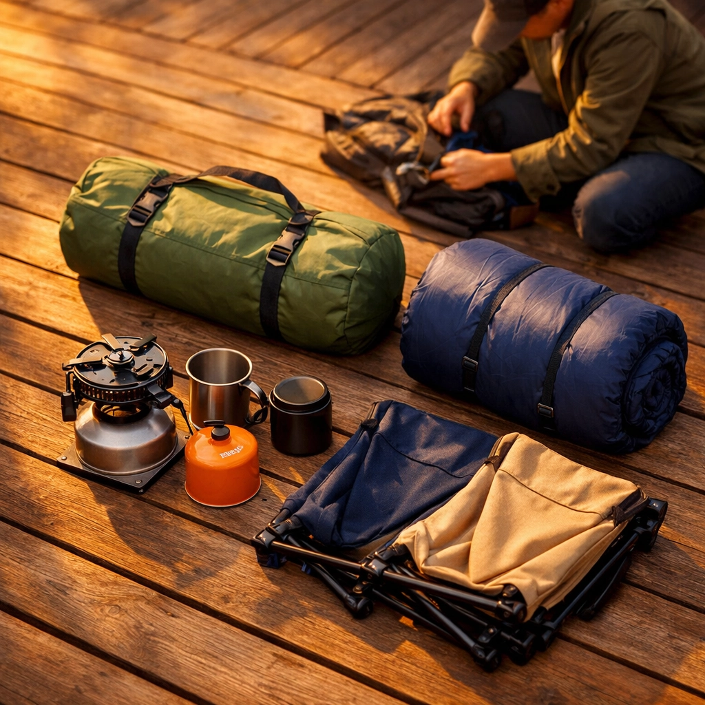 Borrowed camping gear including tent and sleeping bag arranged for weekend trip