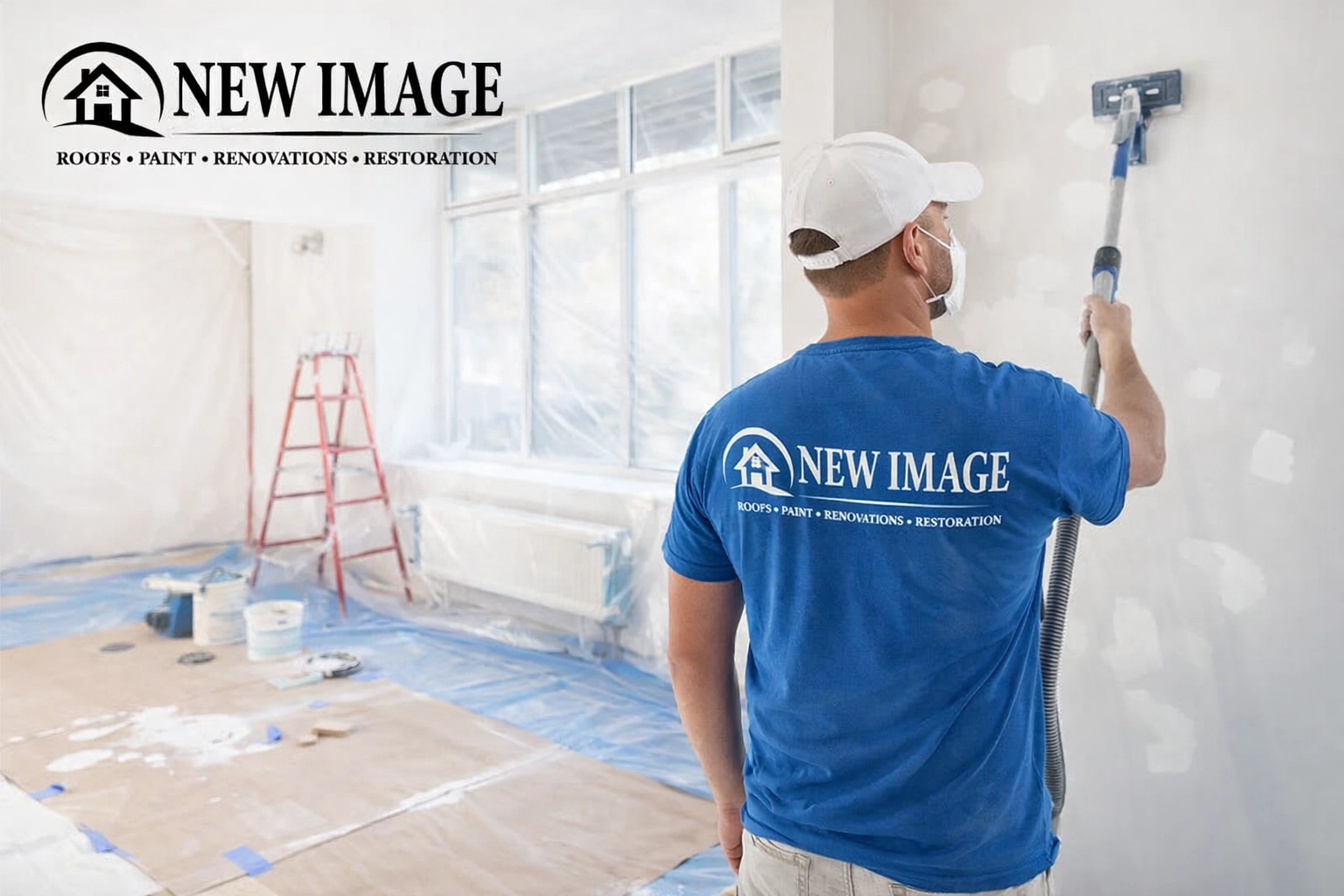 Professional drywall repair and sanding to ensure a smooth, flawless interior paint finish. A detailed shot of a New Image Painting professional wearing an electronic blue work shirt with the New Image logo with white background. They are using a fine-grit sanding block to smooth out a freshly mudded drywall joint in a clean, protected workspace, with the New Image logo positioned in the top left corner of the image.