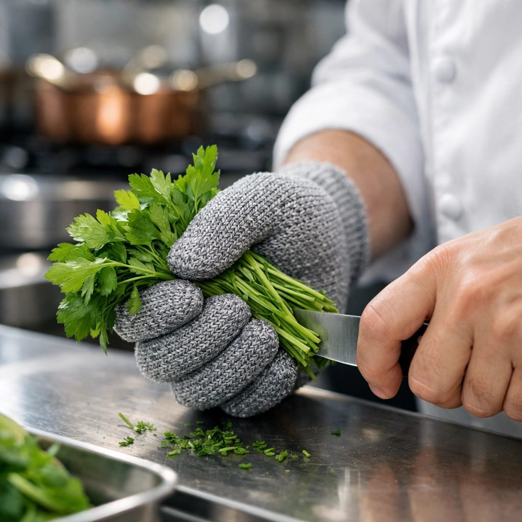 Restaurant chef wearing safety gear to manage risks and ensure workers comp safety in the kitchen.