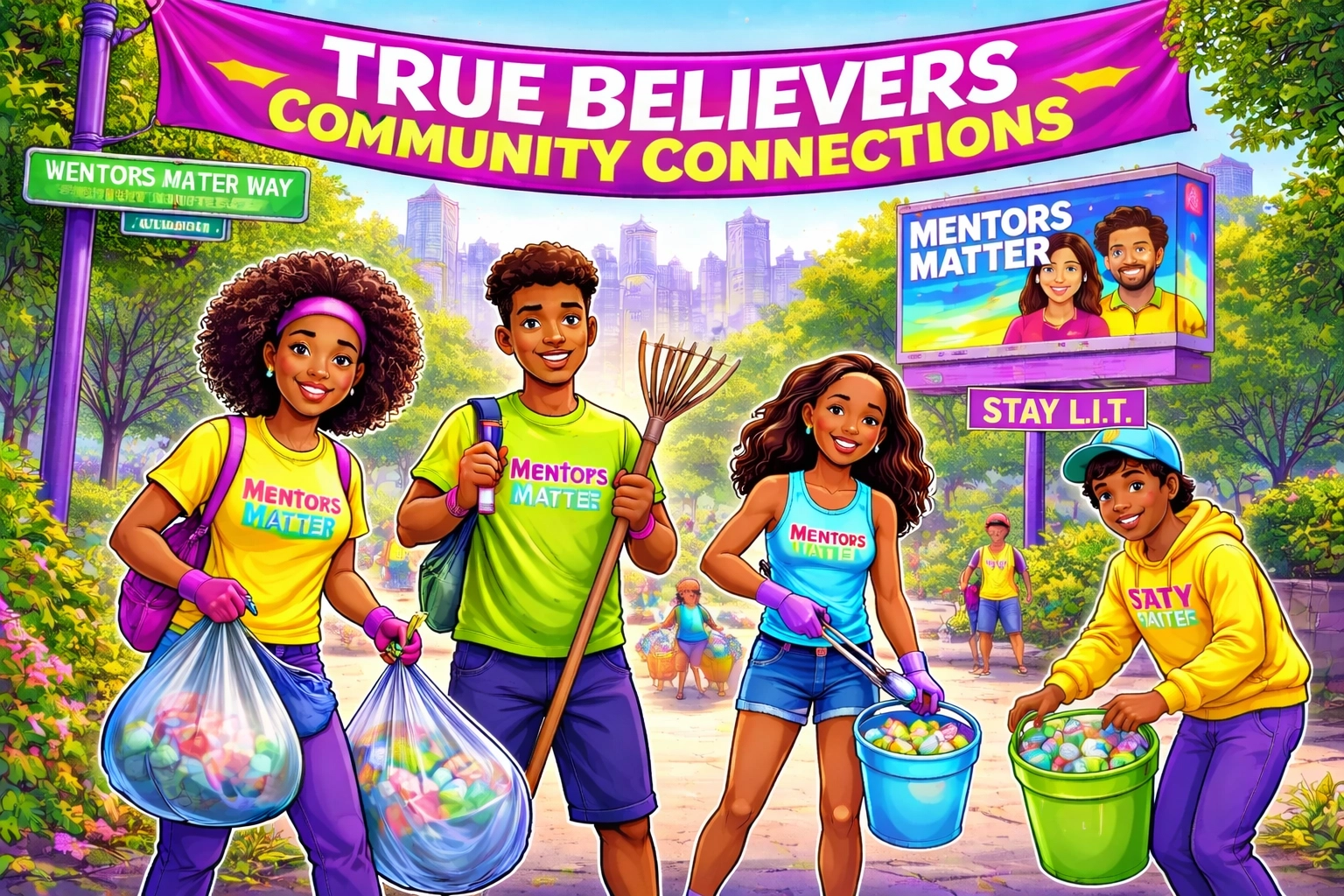 Vibrant minority-featured cartoon-style illustration of youth engaging in community activities on Chicago’s South Side, using strictly the TBCC palette (Electric Pink #FF00FF, Electric Yellow #FFD700, Electric Green #32CD32, Electric Blue #00FFFF). Perfectly legible, correctly spelled in-scene text included: banner 'True Believers Community Connections' and separate message 'Mentors Matter' on apparel/poster; plus correctly spelled 'STAY L.I.T.' on apparel/sign. No map outlines.