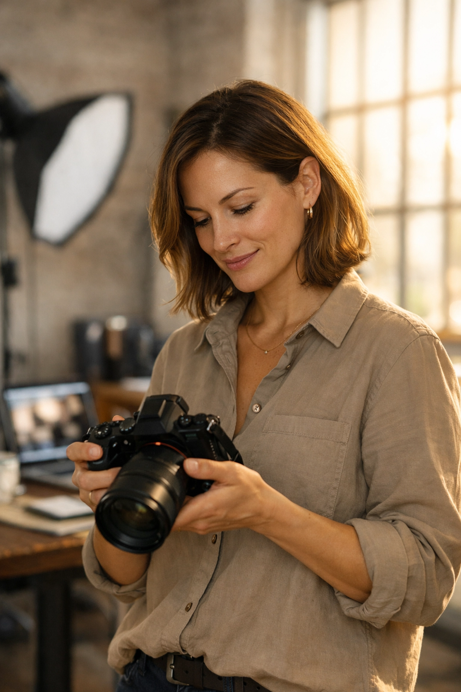 Professional photographer reviewing high-quality shots in a studio for a premium booking experience.