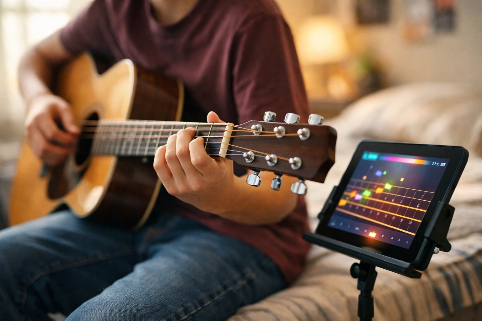Student practicing acoustic guitar with a music app as part of online music lessons.