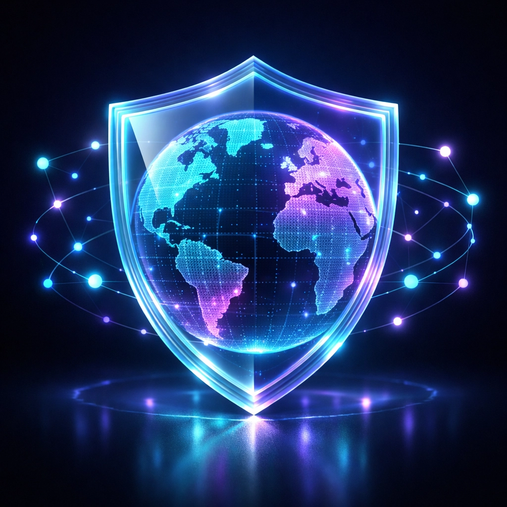 A digital shield protecting a globe, representing global privacy law compliance and data safety for small businesses.