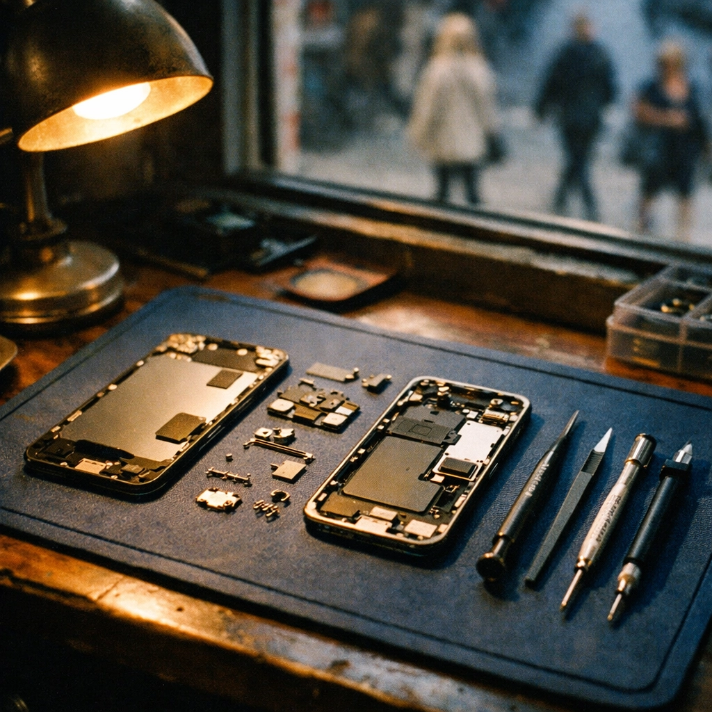 Professional iPhone screen repair workbench with premium OEM parts in Brooklyn