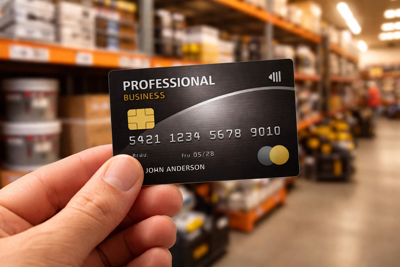 Close-up of pro credit card and receipt showing stacked savings on renovation supplies for real estate investors (investment property search)