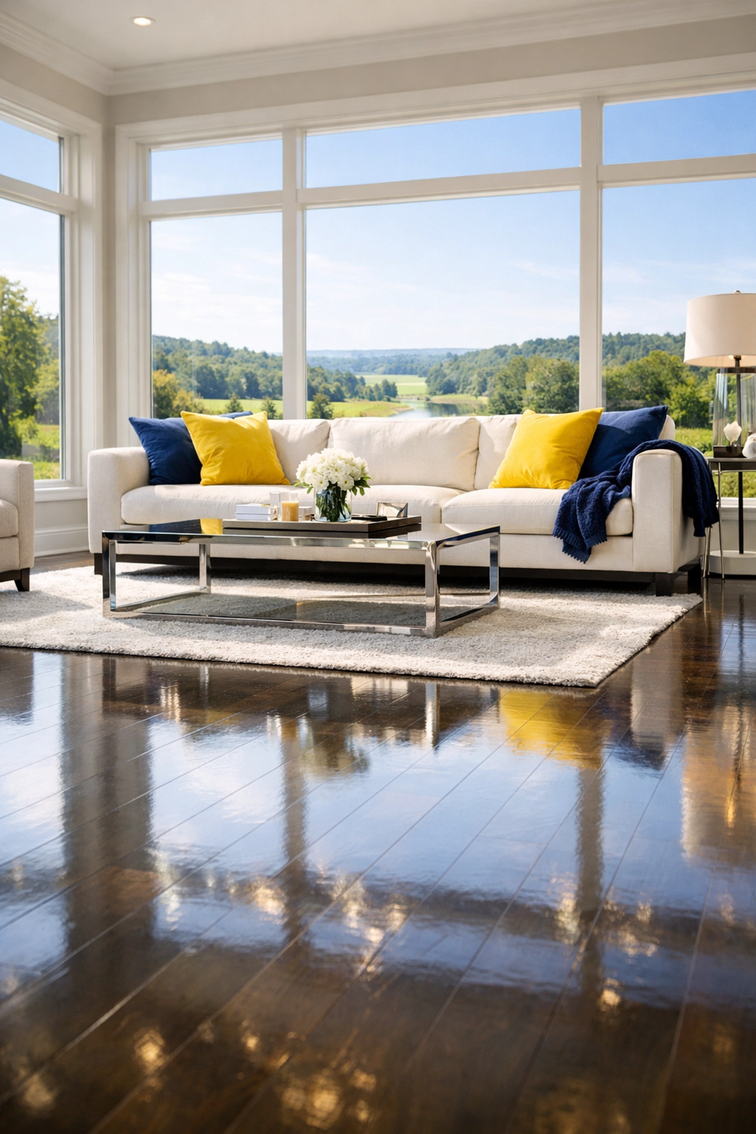 A spotless, sun-drenched living room in Ashby MA after a professional house cleaning service for a stress-free home.