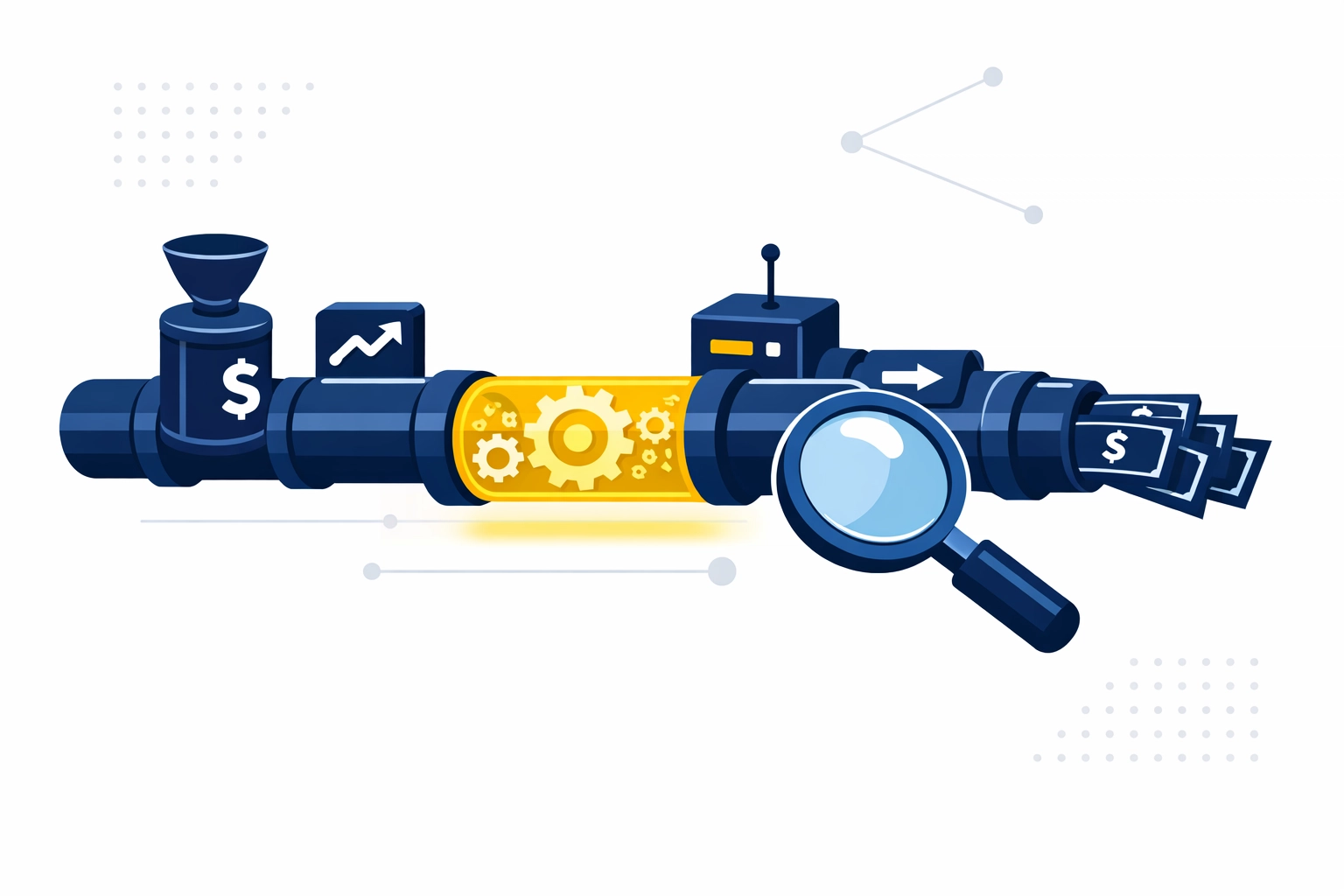 Revenue system audit showing a magnifying glass inspecting a pipeline to find and fix funnel leaks.