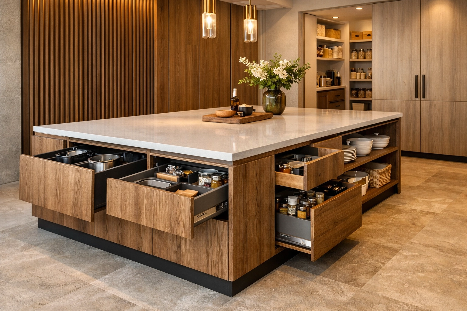 Intelligent kitchen storage solutions and space optimization in a modern Orlando home renovation.