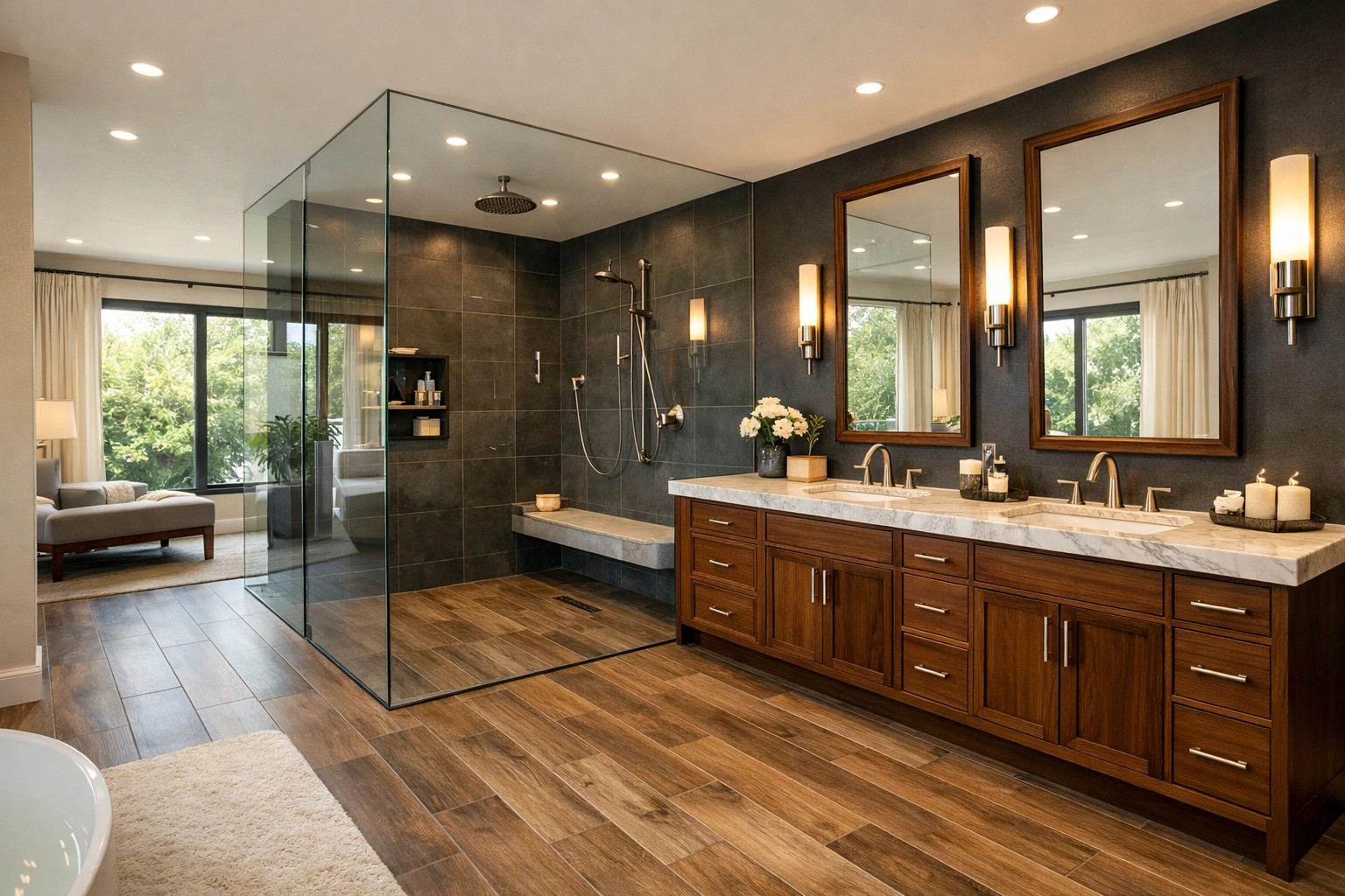 High-end luxury master bathroom remodel in Ohio with a curb-less glass shower and marble vanity.