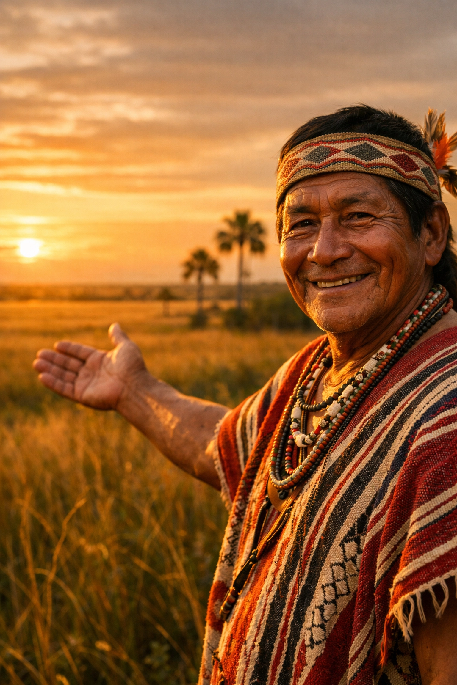 Indigenous Sikuani guide leading eco tours in Colombia's Orinoquía plains at sunset