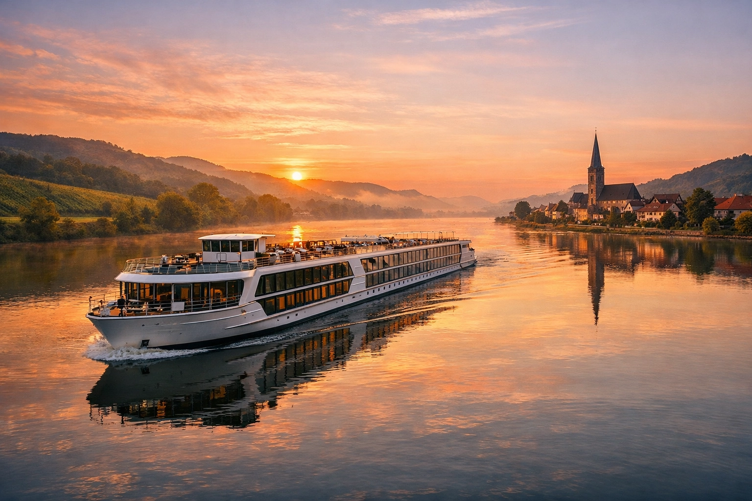 Modern river cruise ship sailing through a European valley at sunrise for 2026 travel.