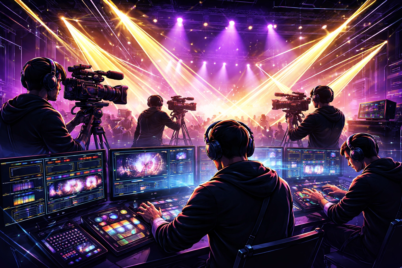 Professional livestream production crew managing video and audio in a dynamic live event setting