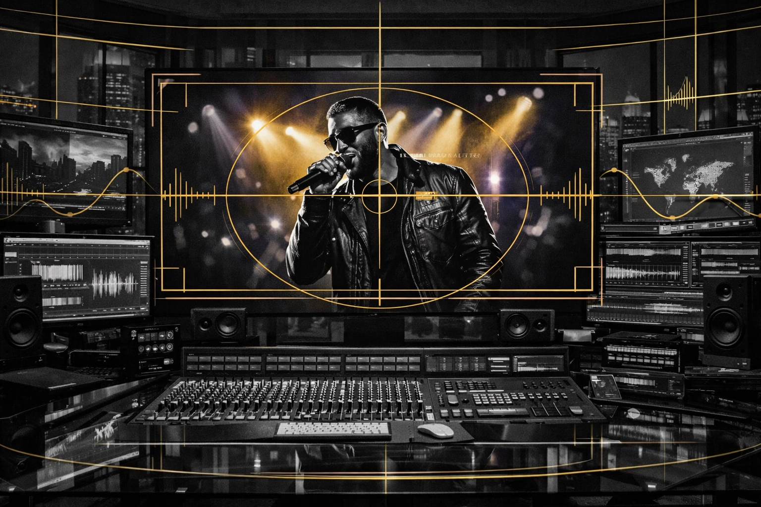 Professional media studio monitors featuring an independent artist, illustrating TV placement and music promotion.