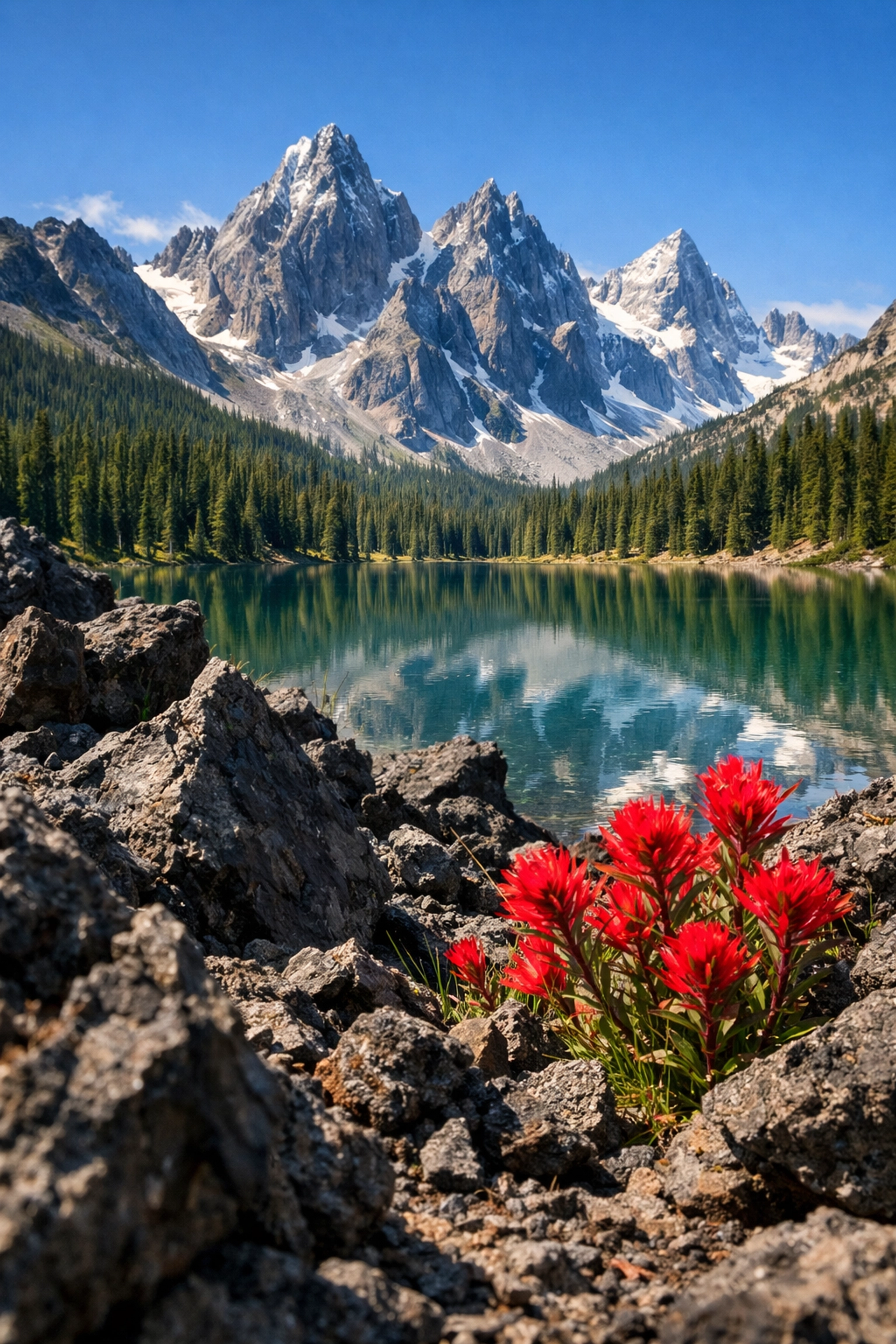 Layered landscape with foreground rocks and mountain background showing depth in landscape composition.