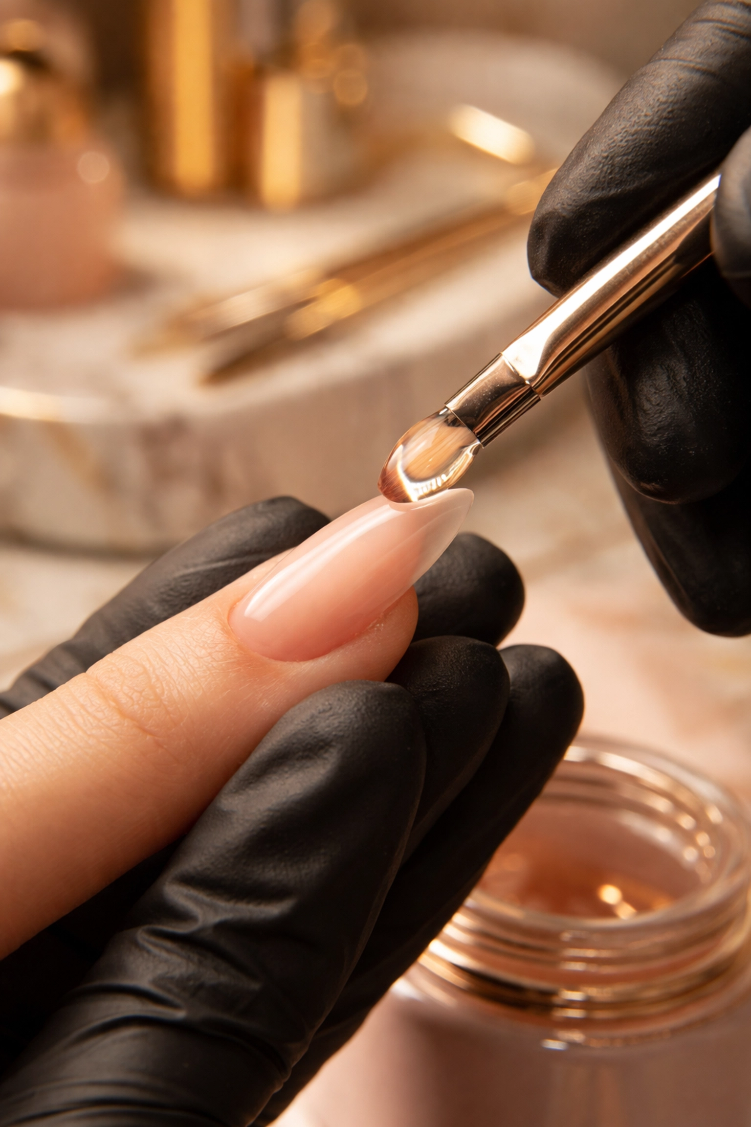 Close-up of a Russian manicure specialist in Massachusetts applying builder gel at a luxury nail salon.