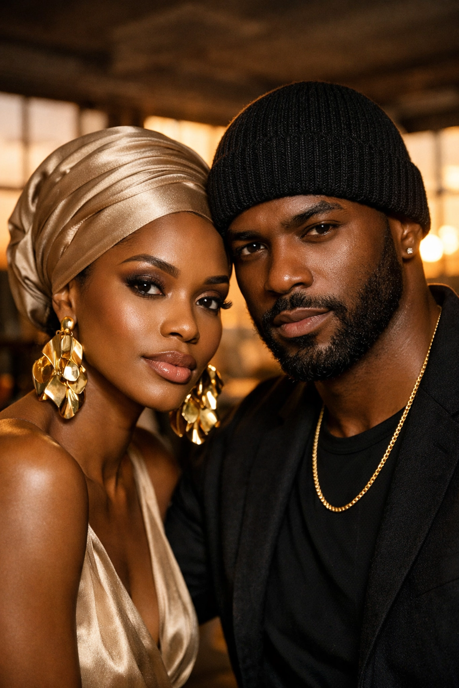 Confident Black couple wearing stylish accessories like a silk headwrap and textured beanie.