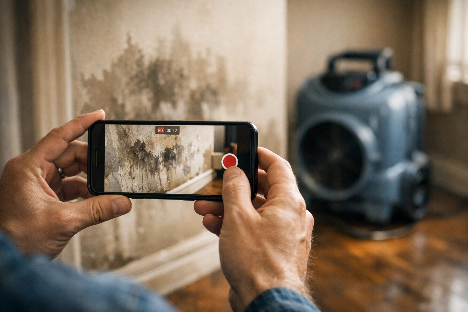 Homeowner documenting water damage on a wall with a phone for a water damage restoration insurance claim.