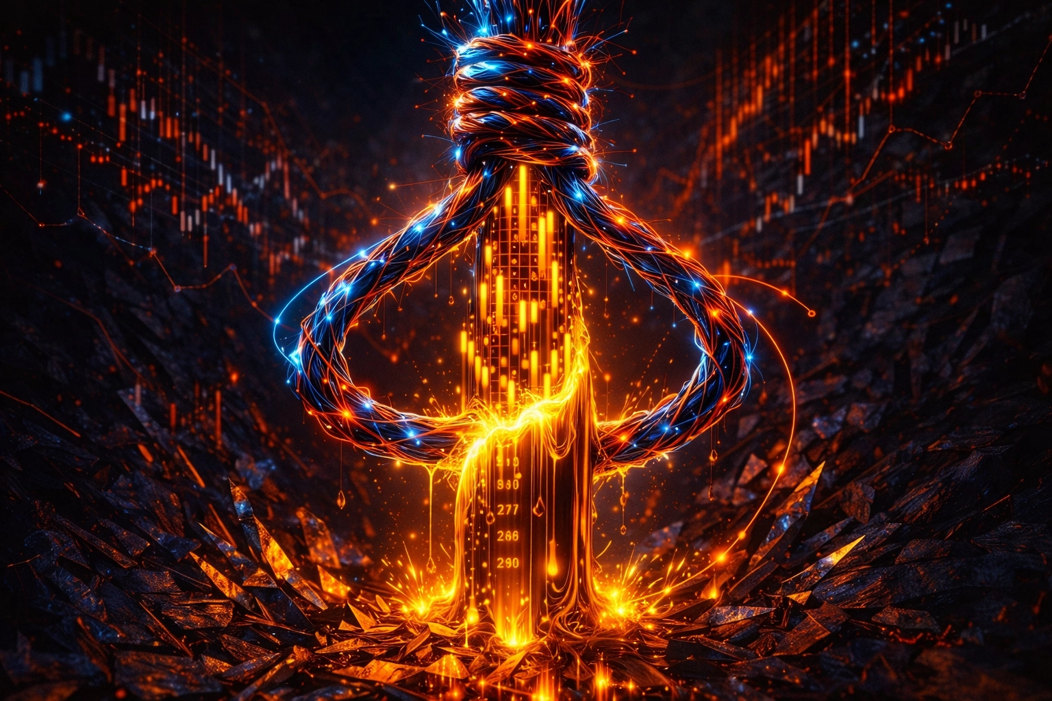 Surrealist Financial milestone risk with neon data and liquid gold tension