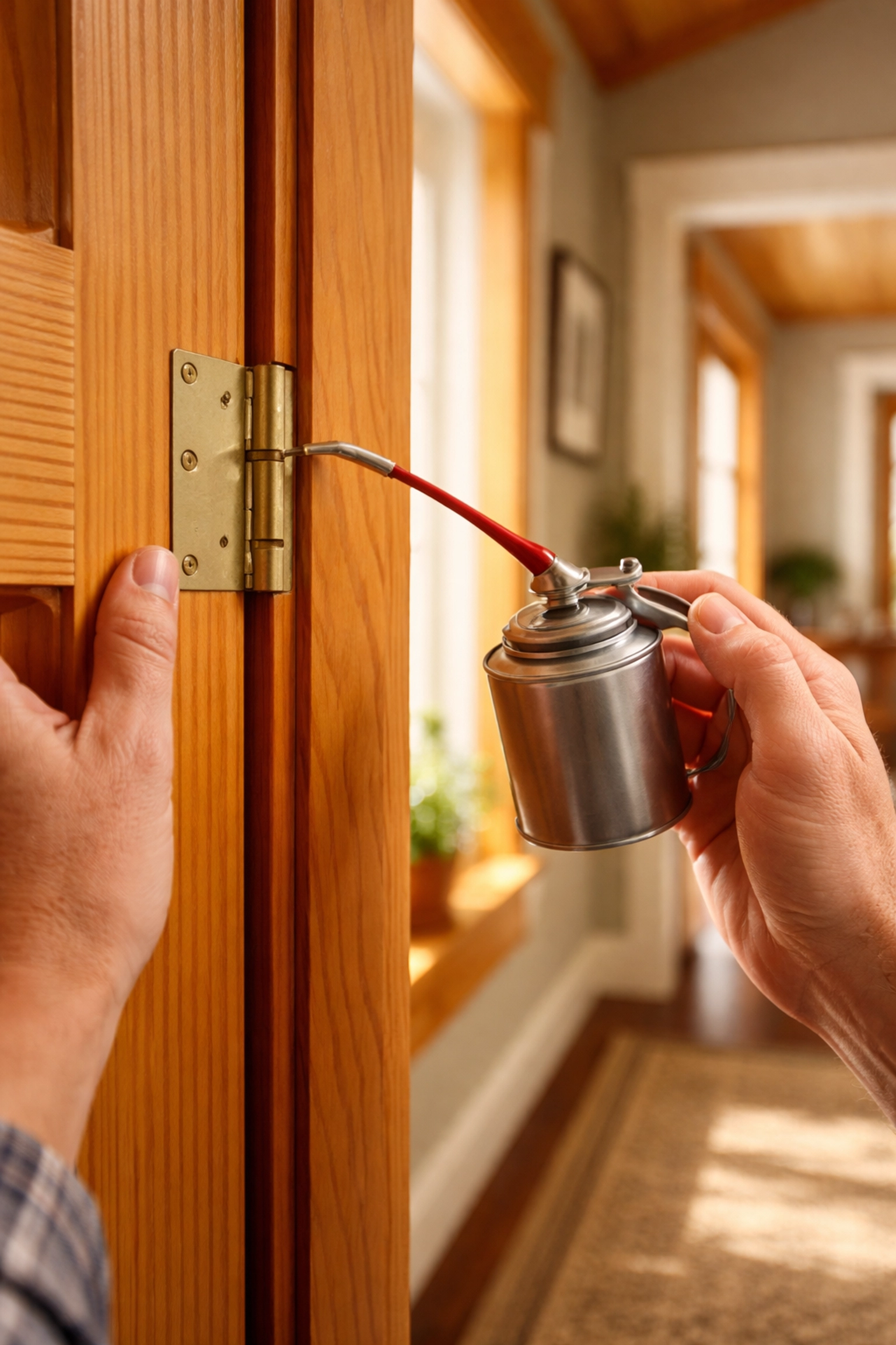 Homeowner fixing a squeaky door hinge in a Muskoka cottage, improving home value with small repairs.
