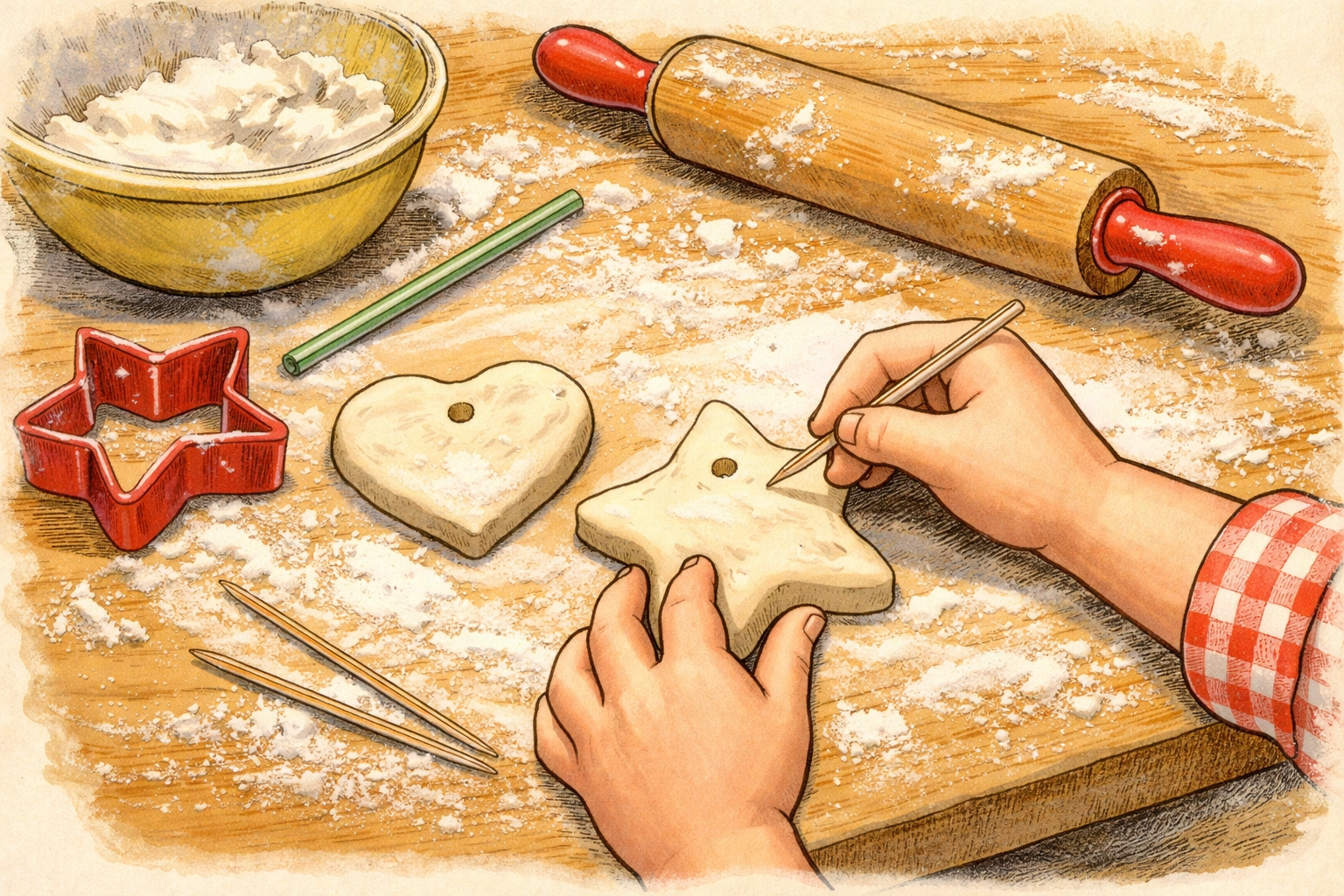Small hands kneading homemade salt dough on a floured table, showing an easy kids' craft for snow days.