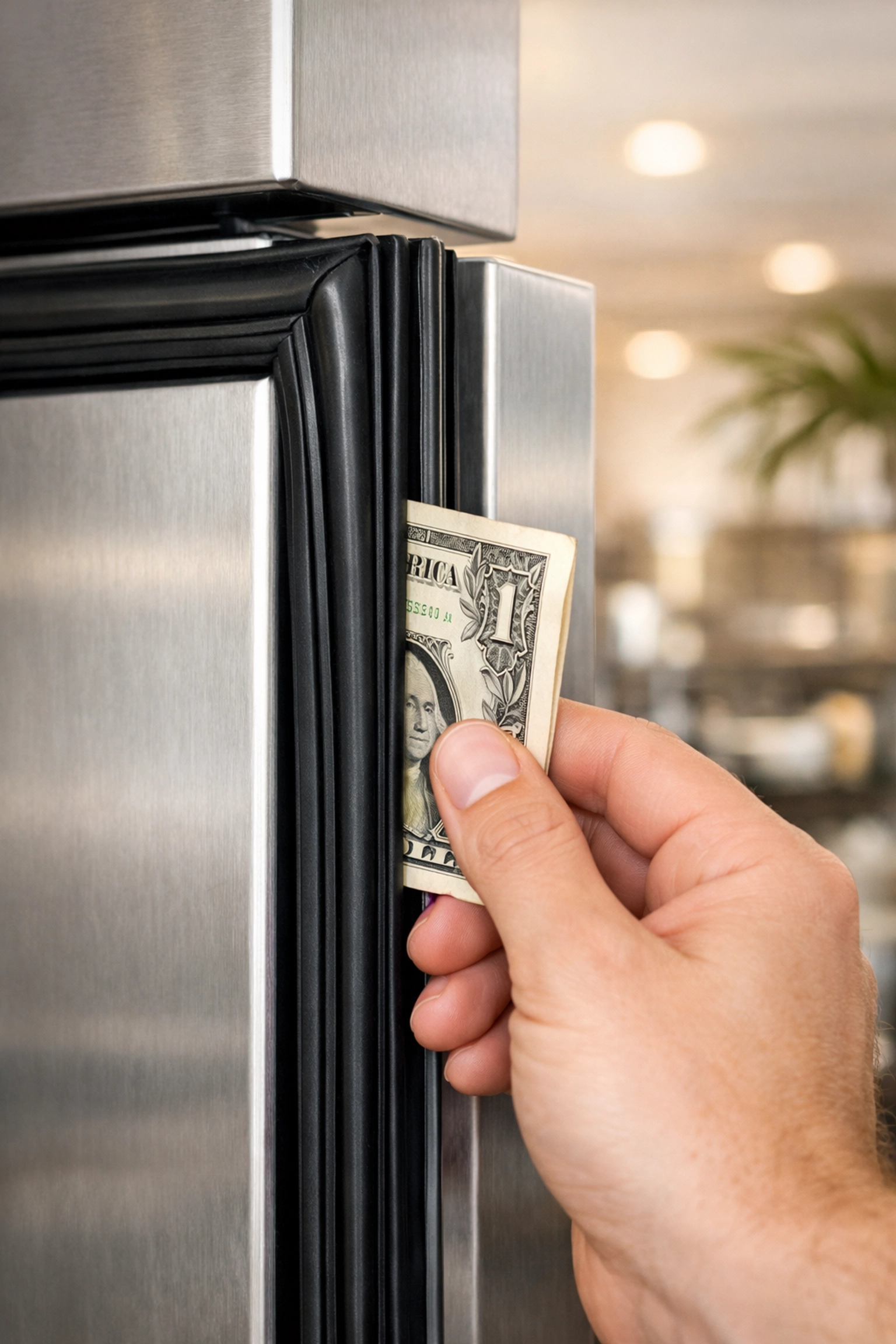 Testing commercial refrigerator door gasket seal with dollar bill method in Hawaii facility