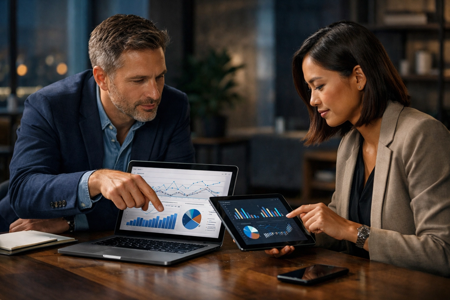 Two professionals reviewing marketing analytics in a strategy session