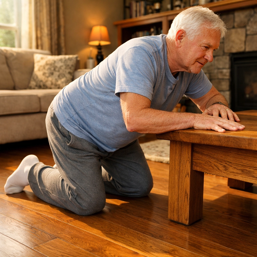 Senior demonstrating safe floor recovery technique using furniture for support after fall