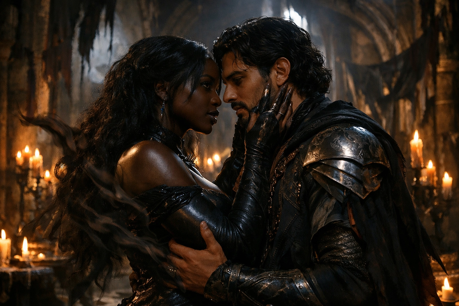 Dark fantasy villain romance scene in a crumbling gothic hall representing enemies to lovers.