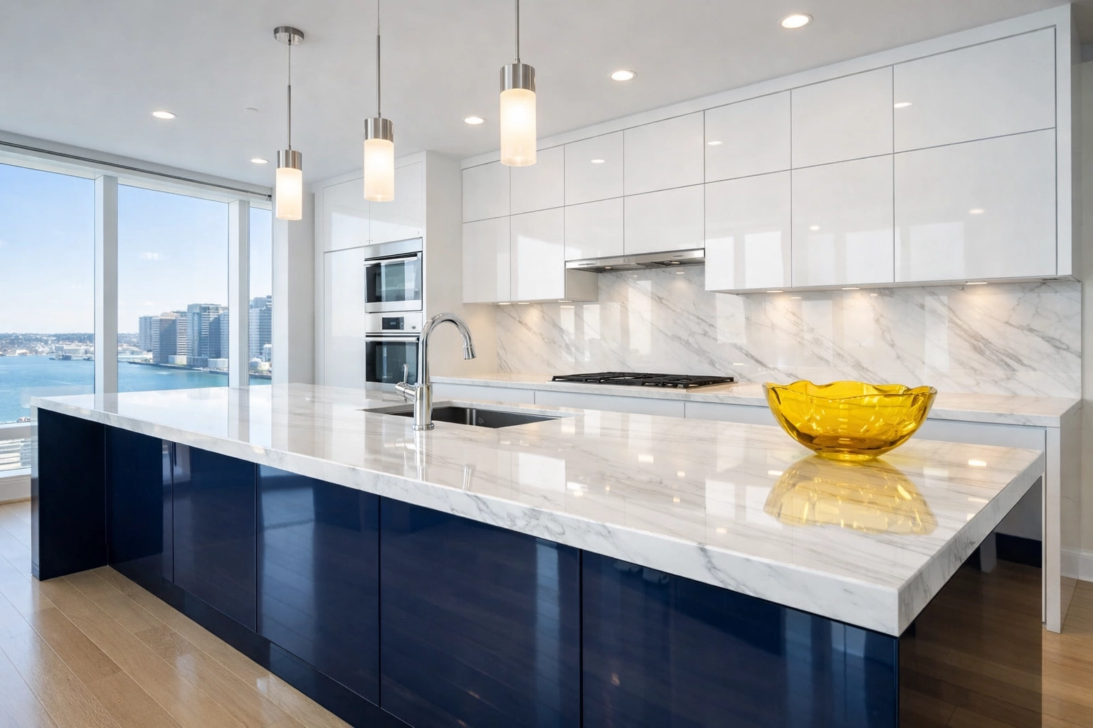 Spotless Seaport kitchen showing the results of professional apartment cleaning Boston in a luxury high-rise.