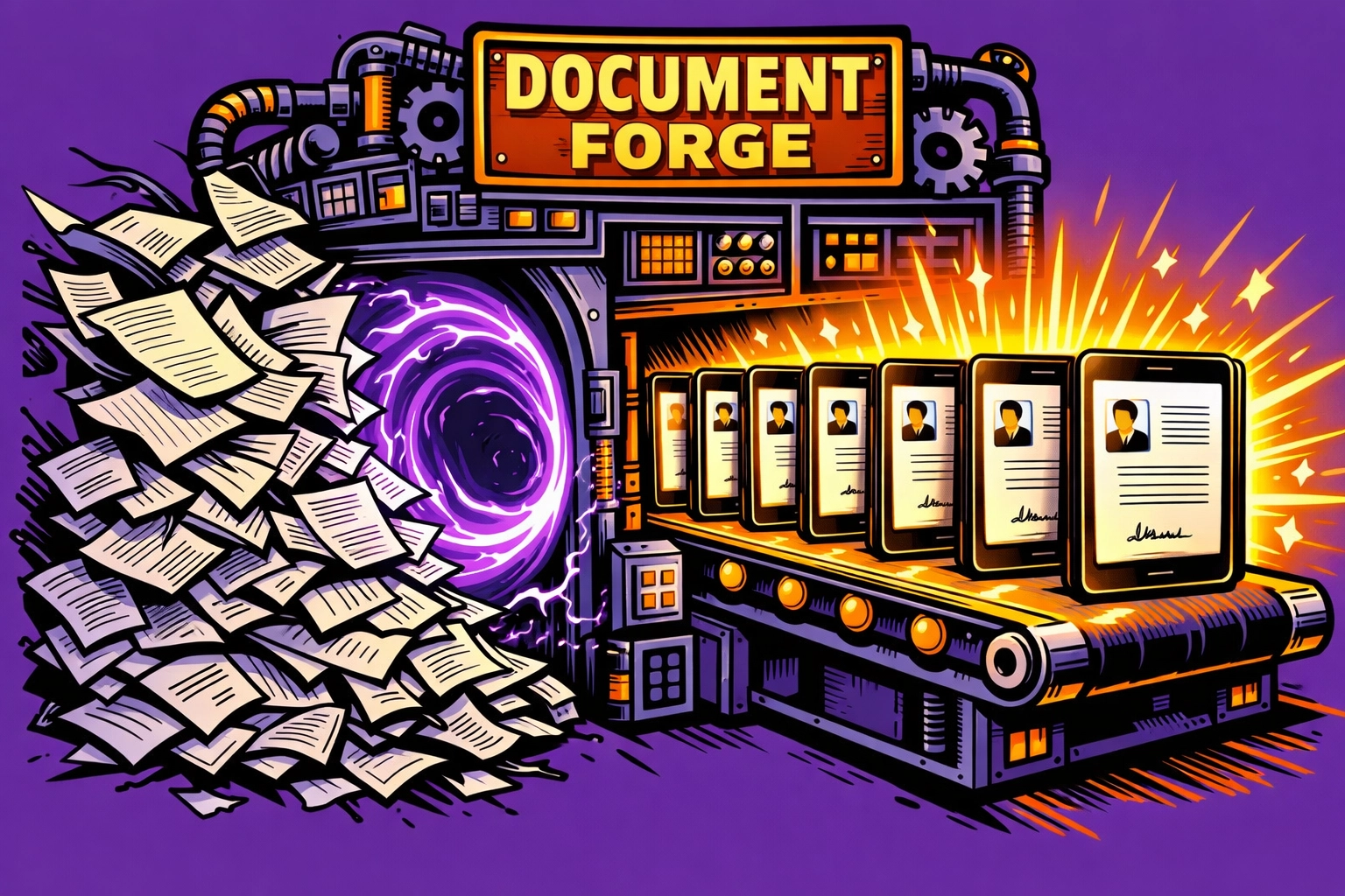 Pop art image showing chaotic paperwork being converted into organized digital files using automation tools.