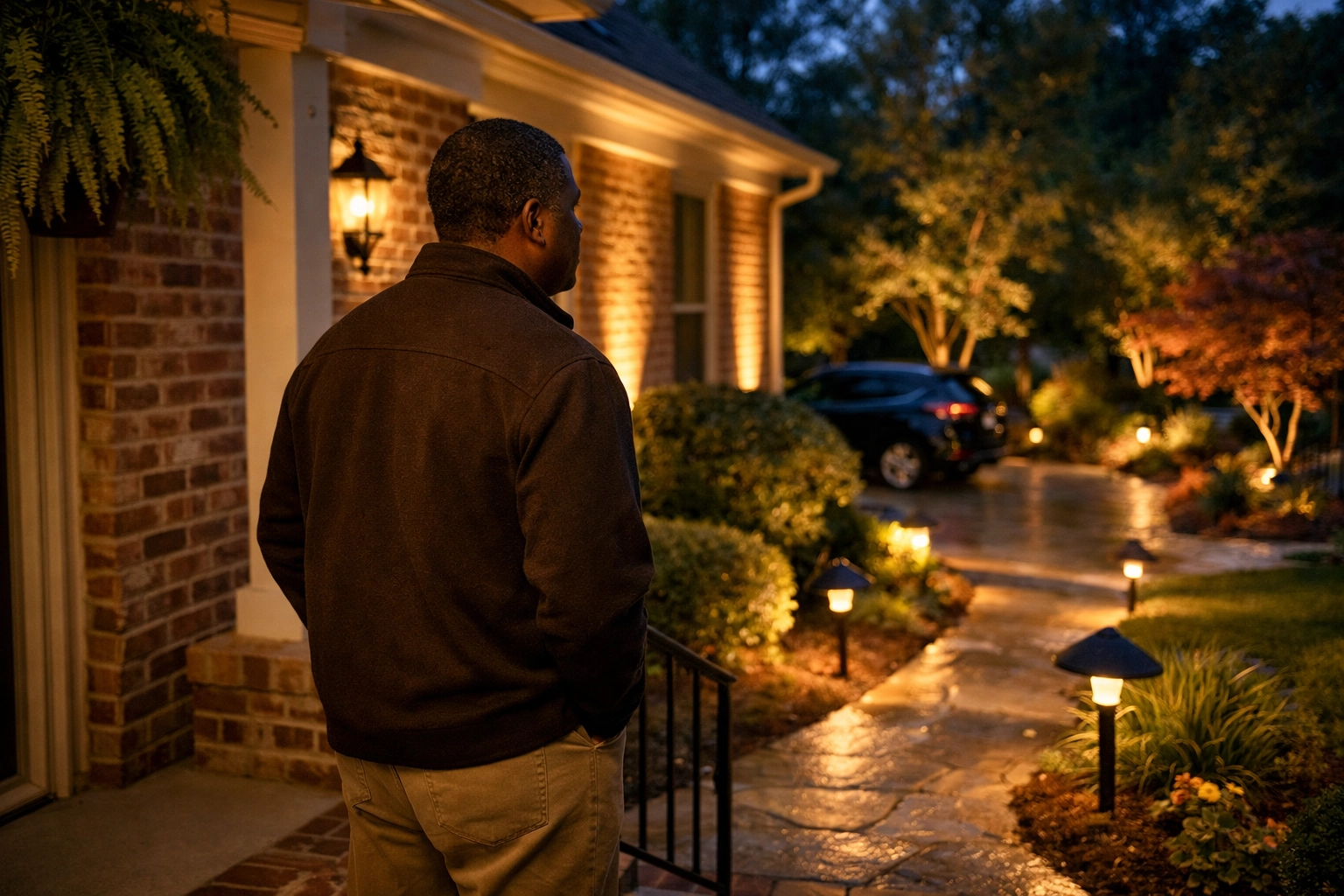 An African American homeowner enjoying layered outdoor lighting on a traditional brick home at twilight.
